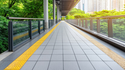 modern pedestrian walkway with yellow tactile paving, surrounded by greenery and urban buildings, creating serene atmosphere