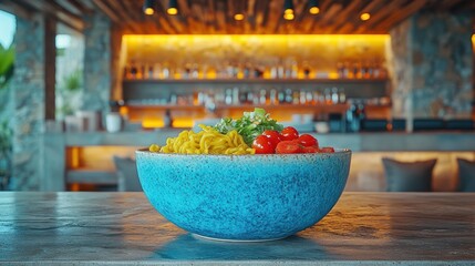 Fototapeta premium A blue bowl filled with yellow pasta, red cherry tomatoes, and green herbs sits on a wooden table in front of a bar.
