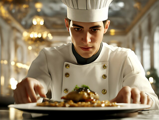 Young chef plating gourmet dish in luxurious restaurant kitchen, focused on presentation and culinary detail