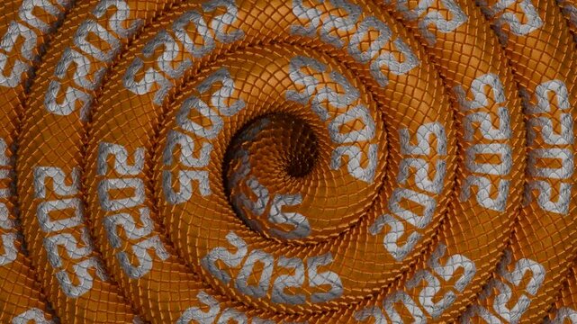 Loop 3D animation by 2025. The long body of a crawling golden snake with the date 2025 new year. The Chinese tradition, the symbol of the year of the snake, the idea of wealth and success in 2025.