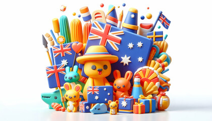 Obraz premium 3D Macro Close Up Australian Themed Cake Decoration Vibrant Colors Intricate Details National Pride Celebration Symbols Ample Copy Space Isolated White Background