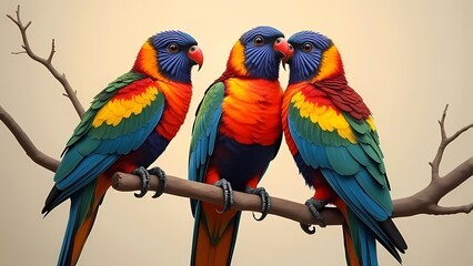 Obraz premium A group of colorful parrots perched on a branch, offering a vibrant scene perfect for tropical and exotic themes.