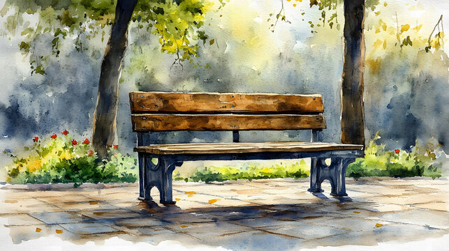 Watercolor depiction of a peaceful park on the first day of spring, with trees budding, soft sunlight, and flowers in bloom