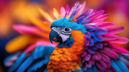 Obraz premium A brilliantly colored parrot displaying a bright array of blue, pink, and orange feathers against a blurred vivid background, showcasing nature's beauty and diversity.