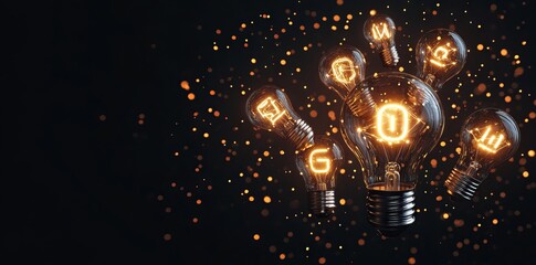 Glowing Light Bulbs with Innovative Ideas on a Black Background. AI generated illustration