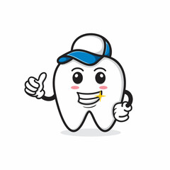 cartoon tooth wearing a hat, being shiny, cute and fun.
