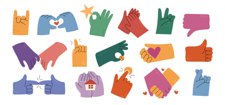 Non verbal language, hands gesture and symbols. Vector in flat style, isolated arms showing like and dislike, handshake and romantic walk. Donation and support, care and clasping or applauding