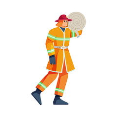 Fireman wearing protective helmet and flame resistant uniform carrying hose to put out fire. Vector flat cartoon character, isolated man personage. Fireman working in extreme situations