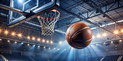 Basketball in Motion on Court with Stadium Lights