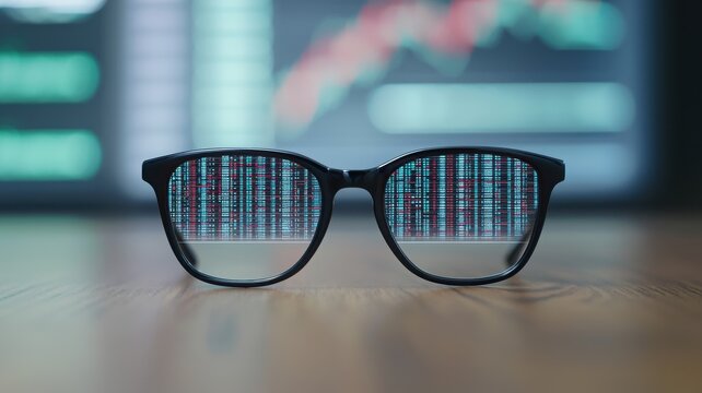 A pair of stylish glasses focuses on a vibrant data display, symbolizing clarity and insight in analytics and finance.