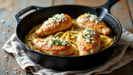 A mouth-watering plate of Mary's chicken with pasta on a rustic table.