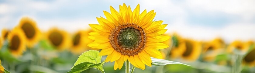 Fototapeta premium Vibrant sunflower blooming in a bright field under a clear sky.