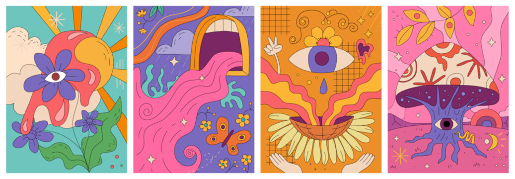 Trippy abstract flowers and natural elements and ornaments. Vector in flat style, psychedelic poster with floral decoration, mushroom with eyes and mouth with flow. Hippy and vintage drawings