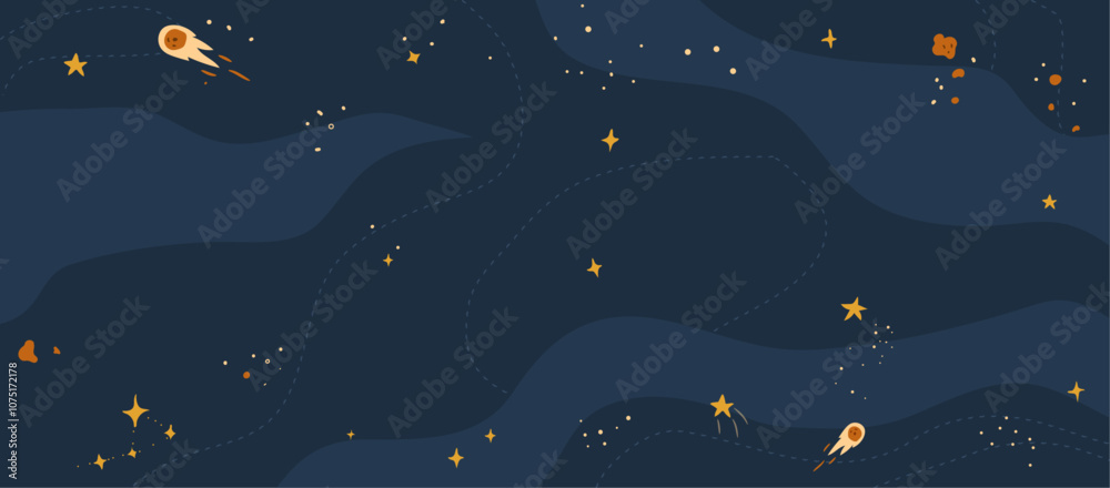 Poster comets and shooting stars, night sky with illuminating celestial bodies. vector in flat style, galax
