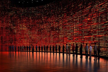 Silhouettes Against a Digital Wall of Red and Orange Data