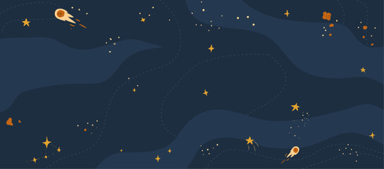 Comets and shooting stars, night sky with illuminating celestial bodies. Vector in flat style, galaxy and cosmos, emptiness and void of universe. Astronomy and cosmology science and discoveries