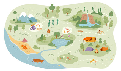 Map for tourists with locations for biking, fishing and resting on beach. Vector in flat style navigation recommendations for people want to unite with nature, vacation and holidays trails © Sensvector