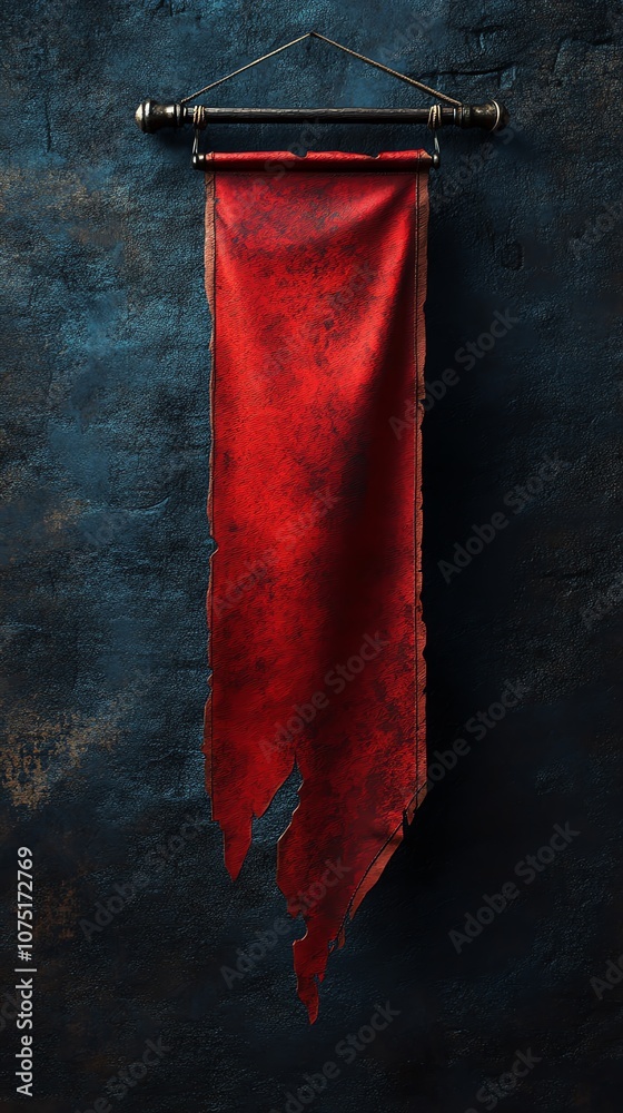 Poster a weathered red banner hangs from a wooden pole on a dark, textured background. the banner is torn a