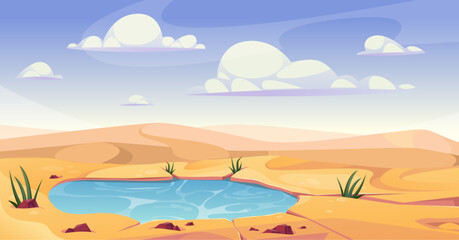 Fototapeta premium Dunes and oasis in desert. Vector in cartoon style, game scene with abandoned land and wilderness. Landscape with pond, lake with water and greenery. Perspective with vast sands and emptiness