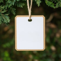 A blank tag hangs from a tree branch, showcasing its simple design against a natural backdrop.