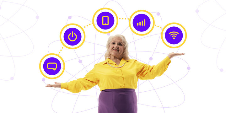 Contemporary art collage. Elderly woman balancing digital icons in her hands, representing harmony with technology and integration of digital tools. Concept of pensioners in modern lifestyle, digital. - Powered by Adobe