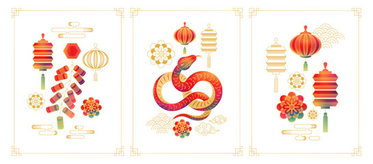 Greeting card happy chinese New Year 2025. Snake zodiac with curtain lantern for banner design. China lunar calendar animal. Chinese CNY, hanging lamp and flowers, firecrackers and golden coins