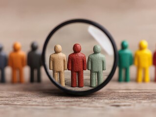 A magnifying glass focuses on three wooden figures, highlighting their vibrant colors against a blurred background of more figures.