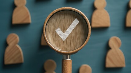 A magnifying glass with a check mark focuses on wooden figures, representing selection, validation, or approval in a conceptual setting.