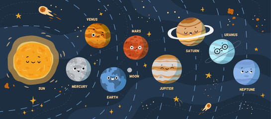 Planets of solar system, cute characters with facial expressions and funny faces. Vector in flat style, set of galaxy personages. Sun and mercury, venus and earth with moon, mars and uranus © Sensvector