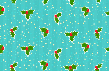 New year winter christmas pattern with holly leaves and striped background