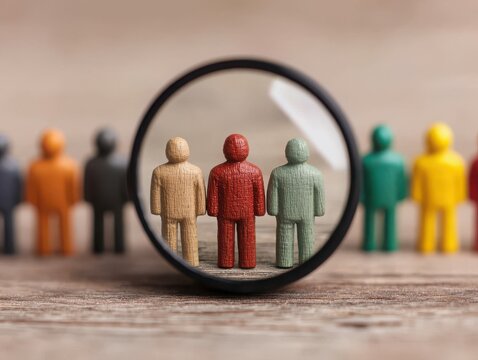A magnifying glass focuses on three wooden figures, highlighting their vibrant colors against a blurred background of more figures.
