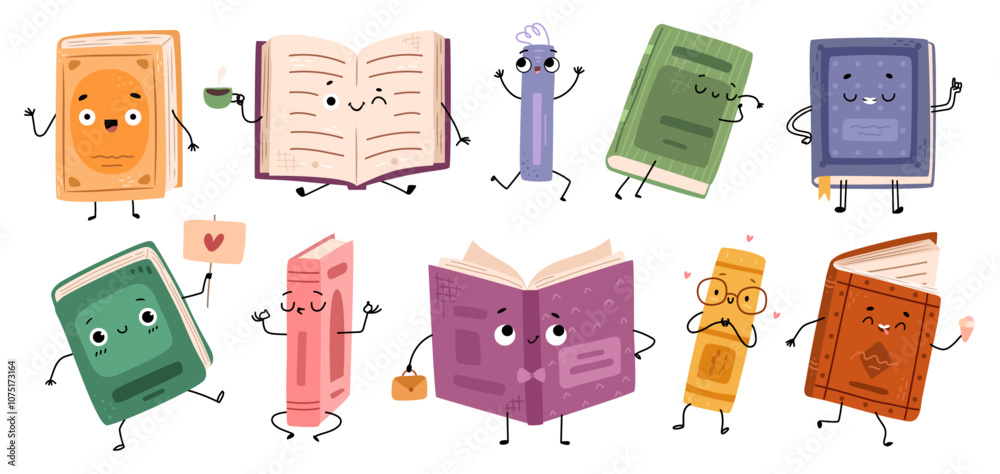 Poster book characters with facial expression of joy and happiness, relax and curiosity. vector in flat sty