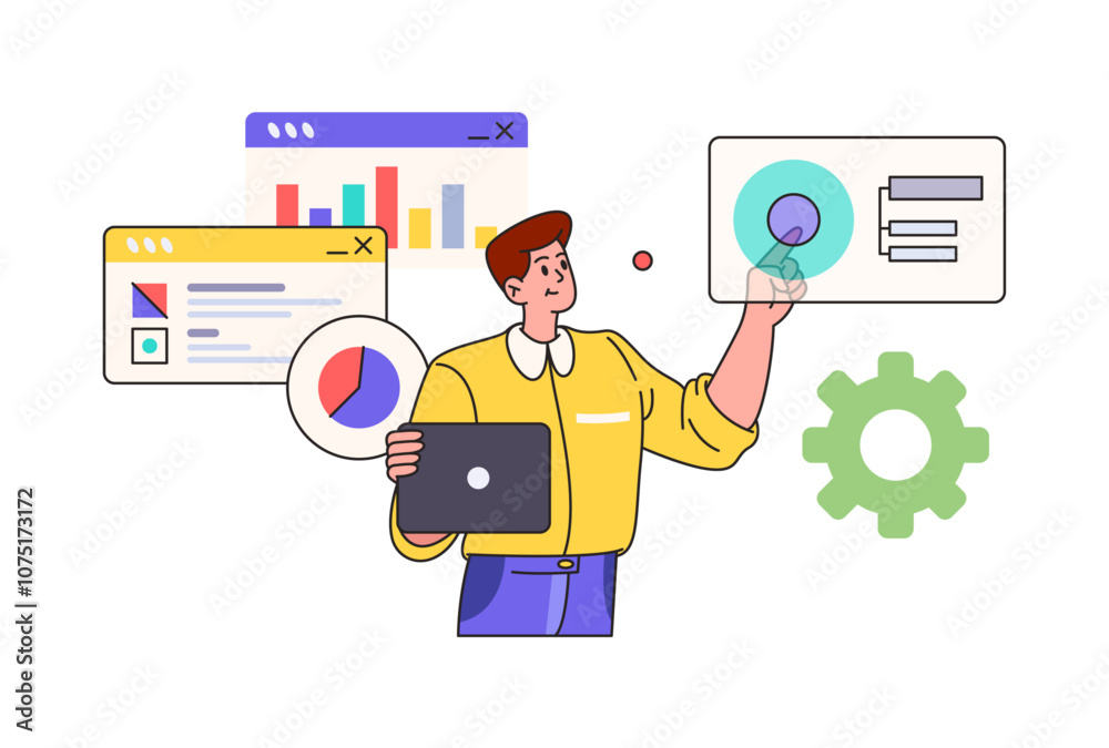 Aufkleber Man programming software concept. Vector cartoon male and charts, settings sign. Programmer and IT specialist writes code for website page. Developer of programs and mobile applications, flat vector