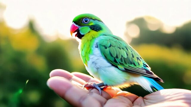 A colorful parrot perched on a hand against a soft-focus background, symbolizing beauty and calm in nature. The bird&rsquo;s feathers catch the sunlight, enhancing its vivid hues.