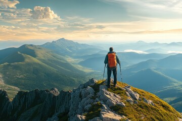 A lone hiker stands on a mountain peak, overlooking a vast valley and distant mountains.