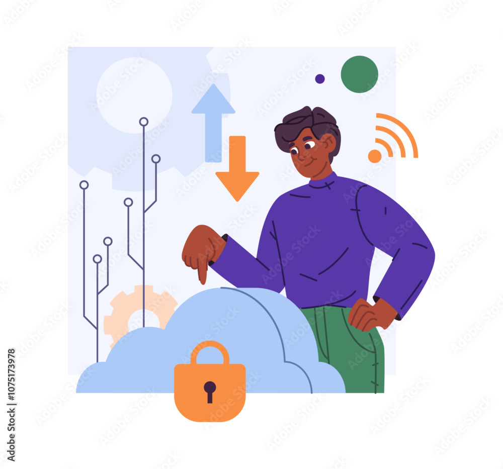 Poster Male character engineer setting privacy and security settings on cloud computing service. Vector isolated personage with backup site, configurations and exchanging data with remote server