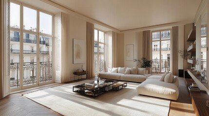 scandinavian-inspired modern apartment featuring a bright and airy living room, minimalist decor, and a cozy ambiance that reflects contemporary home design in paris