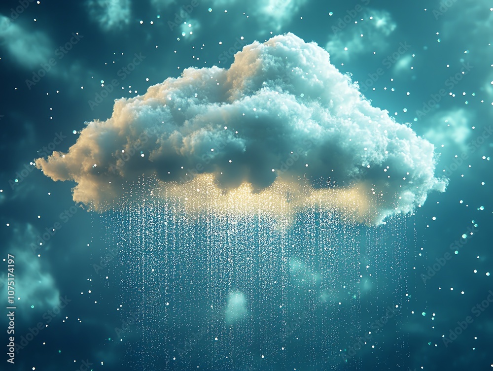 Poster a white cloud with rain falling from it, rain is made of data.