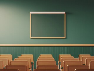 A classroom with wooden desks arranged in rows facing a blank chalkboard on a green wall.