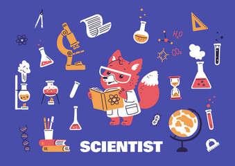 Cute fox scientist in glasses, white coat holds book, vector laboratory scientist poster with animal and lab experiment