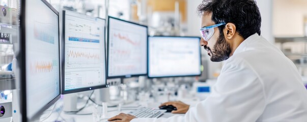 Scientist analyzing data on multiple computer screens.