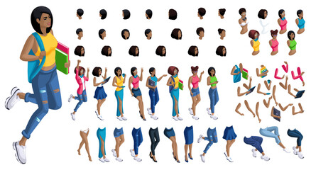 Isometric cartoon people, 3D Set for creating Black Student person. Full length gestures isolated, N2. Create your own design for vector