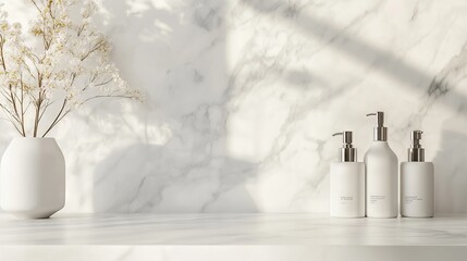 Minimalist Product Display on White Marble Countertop. AI generated illustration