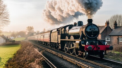 Vintage steam train traveling through scenic countryside.