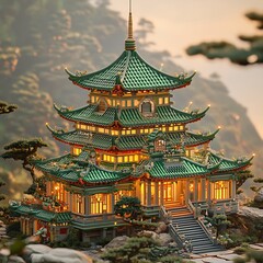 Fototapeta premium Illuminated Pagoda in the Hills at Dusk.