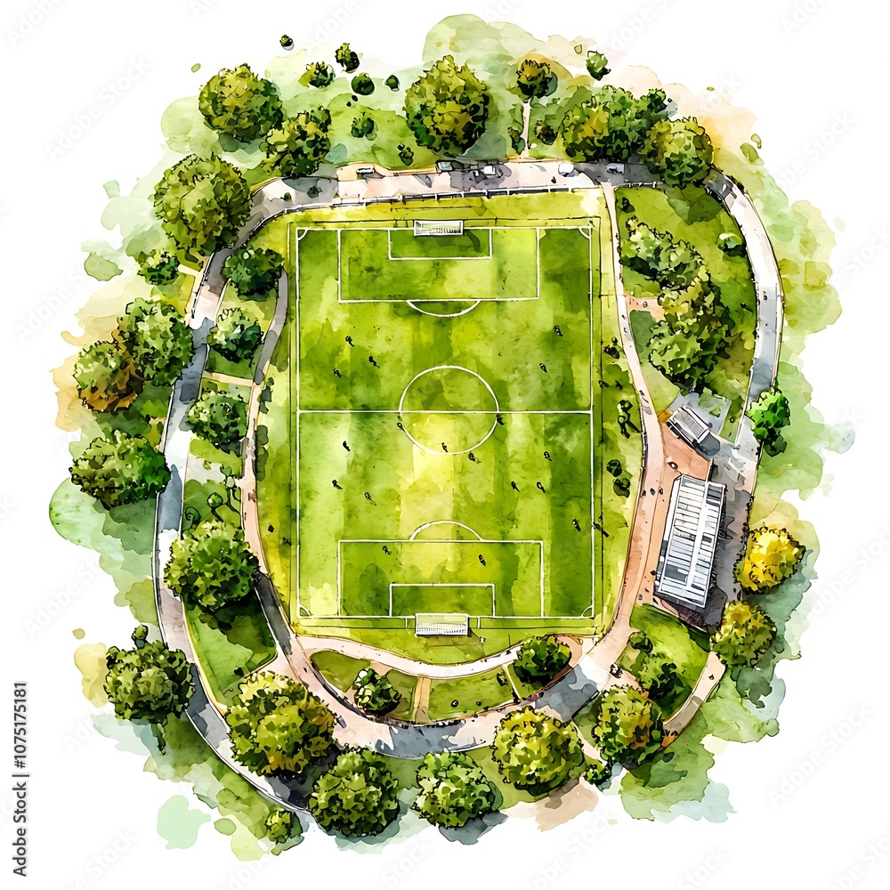 Sticker Aerial Watercolor Illustration of a Soccer Field Surrounded by Trees.