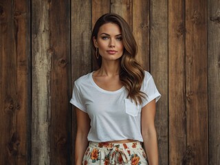 Fototapeta premium A beautiful woman dressed casually in a t-shirt and shorts, radiating a laid-back, confident, and effortless style