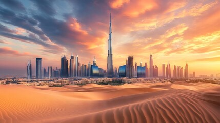 Dubai skyline at sunset with desert dunes in warm tones. AI generated illustration