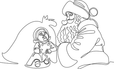 Character With A Sack Full Of Gifts. Vector Hand Drawn Illustration. One continuous line drawing Santa Claus on reindeer and sled. concept for Christmas and New Year