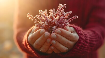 Watercolor image of a mother hands gently holding a bouquet of flowers, with soft light and warm tones reflecting the love of Mothering Sunday